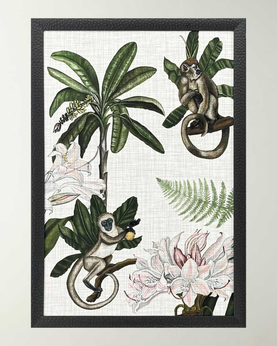 "Monkey on Linen I" Framed Giclee on Paper